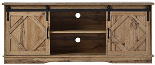 Azkoeesy TV-Lowboard mit Schiebetüren im Landhausstil, 150 x 40 x 60 cm, Weiß mit Grauer Tischplatte, Verstellbare Regale, TV-Lowboard Sideboard Kommode Buffet für Wohnzimmer & Esszimmer (Holzmuster)