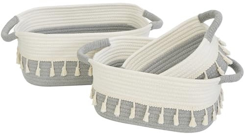 danpinera Aufbewahrungskorb 3er Set, körbchen aufbewahrung für Wickelkommode Organizer, Baumwollseil Aufbewahrungskorb mit Dicken Griffen, Korb Aufbewahrung für badezimmer, Babyzimmer Deko, Weiß&Grau