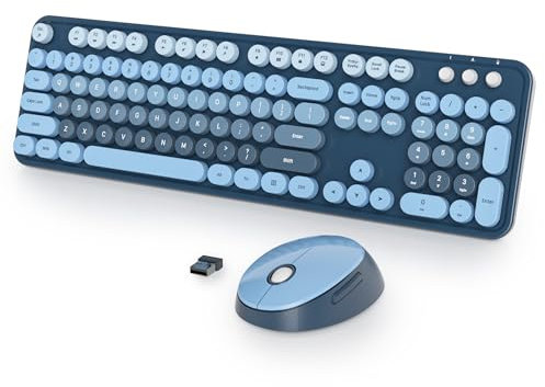 SbocKeeb Tastiera Colorata e Mouse Wireless, Cute Tastiera Wireless con Tastierino Numerico, Retro Macchina Da Scrivere Full-sizewith Tasti Rotondi, 2.4 GHz, Americana QWERTY (Ocean Blue)