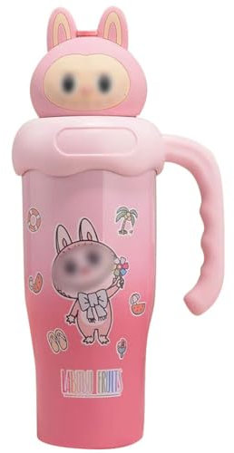 Thermobecher mit Henkel 800 ml, Trinkbecher mit Deckel und Strohhalm Doppelwandig Isoliert,becher mit deckel und strohhalm,Blau stanley cup,stanley cup kinder,Cartoon (Rosa Farbe)