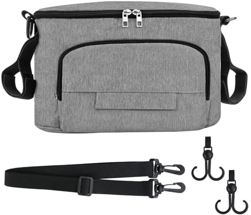 Vylyciy Kinderwagen Organizer Tasche Universal, 600D Oxford wasserdicht, 32x16x18,5 cm Kinderwagentasche mit Klettverschluss, Schultergurt & drehbarem Haken, 2 isolierte Getränkehalter, Grau