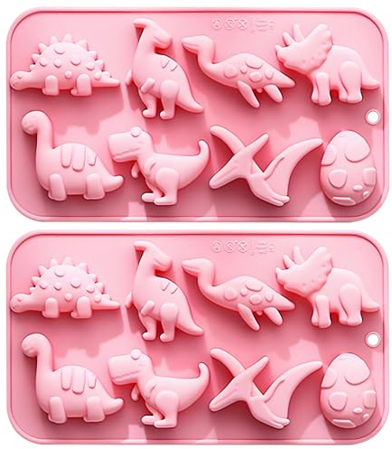 Dinosaurier Silikonform, 8 Verschiedene Motive, 2er Set, Tier-Silikon-Formen für Schokolade und Süßigkeiten, Rosa