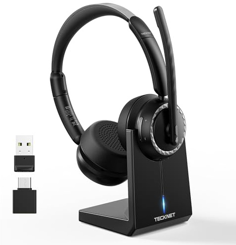 TECKNET Auriculares Inalámbricos Bluetooth Diadema, Auriculares con Micrófono IA Anti-Ruido, Base de Carga y Adaptador USB, Cascos Cancelación de Ruido Recargables para Oficina, Centros de Llamadas
