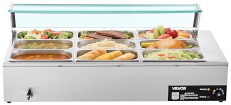 VEVOR Chauffe-Plat Électrique à Vapeur 1500 W, Buffet Chauffant en INOX, Bain-Marie avec 9 Bacs de 1/3, Couvercle en Verre et Louches à Soupe et Perforées, pour Servir Buffet en Libre-Service