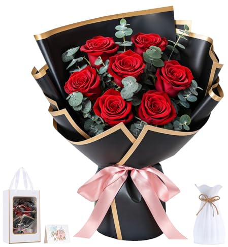 Lewondr Bouquet di Fiori Conservati con Vaso – 7 Rose & Fiori Veri, Bouquet Rose Eterne di Lunga Durata, Regalo Eterno per Madre, Moglie, San Valentino Anniversario o Compleanno, Rosso