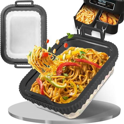 2 Stück Glas Auflaufform für Airfryer – Hitzebeständig, Kratzfest & Spülmaschinenfest, Silikongriffen & herausnehmbarem Silikonring, Universelles Heißluftfritteusen Zubehör für Cosori, Ninja, Philips