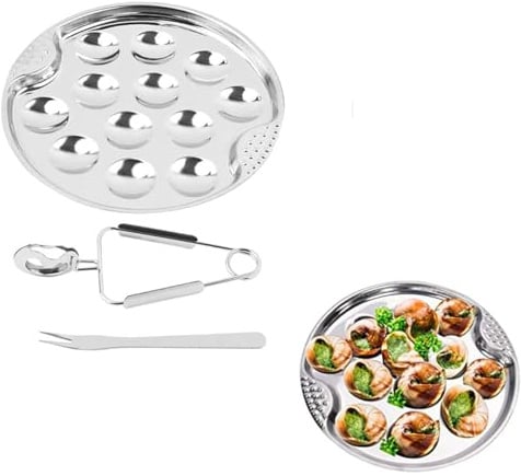 MaoNativey 3 Piece Escargot Tools Set, Stainless Steel Snail Plate and Bowl Set with Tongs and Forks, Escargot Serving Dishes for Home Kitchen Restaurant Use, Gourmet Seafood Dinnerware Accessories
