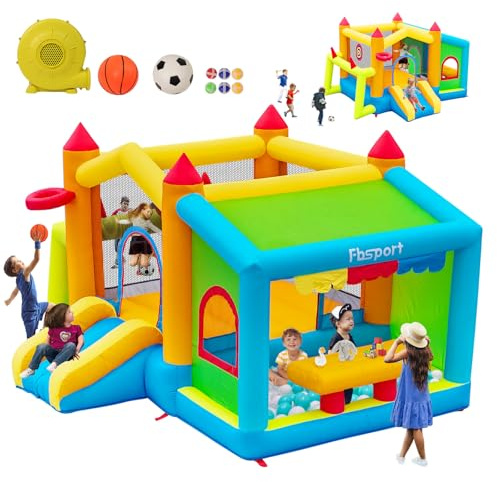 bouncy castle with pump Inflatable Bounce House, Bounce House with Side Toy Market Stand Football Shooting, Inflatable Bouncer Bouncy Castle for Kids with Big Ball Pit for Outdoor Indoor