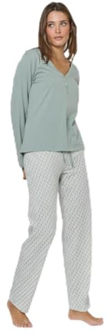 TRAMAS+ - Pijama de mujer 100 % algodón, set de camiseta de manga larga y pantalón largo con cintura ajustable