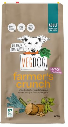 VEGDOG Farmer's Crunch Nourriture sèche hypoallergénique (10 kg) | Pour chiens adultes | Sans gluten ni soja, faible en purine | Aliment complet pour les personnes allergiques avec protéines de pomme
