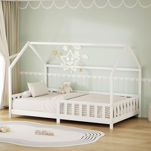 ML-Design Kinderbett Hausbett 120x200 cm mit Rausfallschutz, Dach & Lattenrost, Weiß, Bettgestell aus massivem Kiefernholz, Montessori Bodenbett, Holzbett für Mädchen & Jungen, Jugendbett Doppelbett
