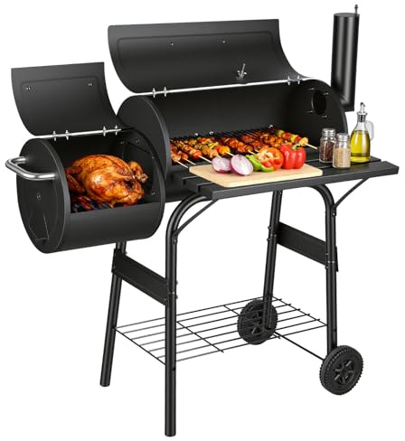 Peviasot Barbecue au charbon Smoker avec couvercle et thermomètre, chariot BBQ avec roues, fumoir 2-chambres pour grillage direct et indirect, barbecue de jardin avec étagère, Noir
