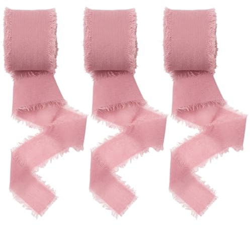 Ruban en Mousseline, 15M-3 Rouleaux 4cmx5m Effiloché Décorative Rose | Taille Idéale Pour Créations, Ruban Cadeau Emballage Créatif Élégant pour Mariage Fête Bouquet et Bricolage