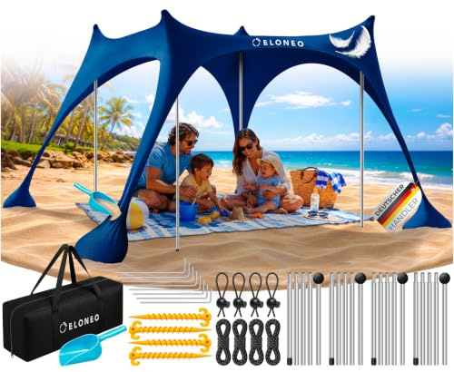 ELONEO Strandzelt, Sonnensegel Strand 228x214x200 cm, LSF 50+, Sonnenschutz für Strand mit Sandschaufel, Heringen und Stabilitätsstangen, Navy