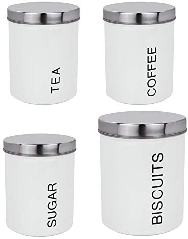Harbour Housewares Round Kitchen Canisters Set - 4pc Set - White - Metal Kitchen Storage Tea Coffee Sugar Canisters Bread Bin Cookie Jar Biscuit Barrel with Airtight Lid