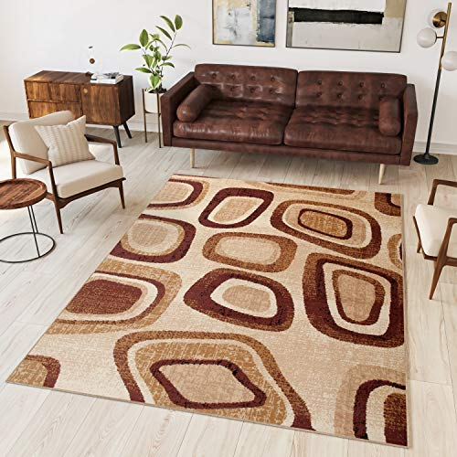 TAPISO Dream Teppich Wohnzimmer Kurzflor Modern Beige Hellbraun Goldgelb Meliert Kreise Schlafzimmer Esszimmer Küche ÖKOTEX 140 x 200 cm