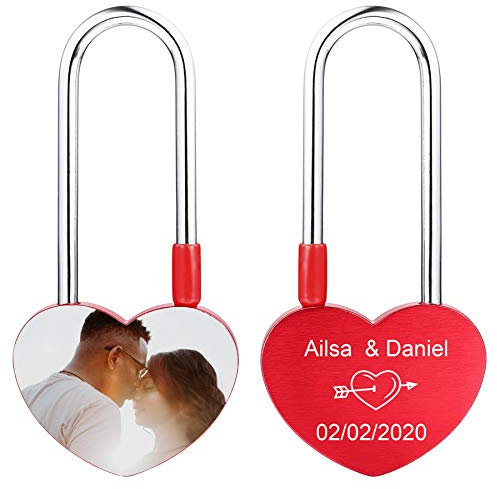 MeMeDIY Personalisierte Liebe Herzschloss Gravur Foto/Name/Datum/Symbole Benutzerdefiniertes Bild für Paare Männer Frauen Freund Freundin Liebhaber Aluminium Memorial Valentine Bridge Vorhängeschloss