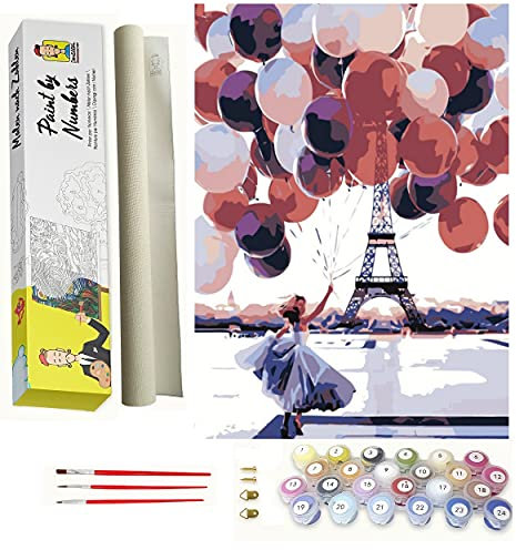 DonElton Malen nach Zahlen für Erwachsene, Städte – 40 x 50 cm, Malsets mit Pinseln, Acrylfarben und Leinen-Leinwand, rahmenlos – kreatives Geschenk (Pariser Luftballons)