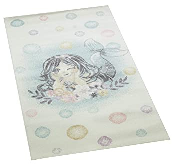 CARPETIA Meerjungfrau Teppich Kinderzimmer Kinderzimmerteppich Blumen Wasserblasen Creme gelb blau weiß Größe 80x150 cm