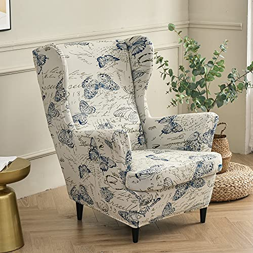 Highdi 2-Teilig Ohrensessel Bezug für Stradmon Stuhl, Stretch Sesselüberwürfe mit Modern Druck Elastisch mit Armlehne Sesselhusse für Ohrensessel, Relaxsessel, Fernsehsessel (Beige Schmetterling)
