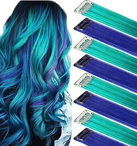 IAMERUI Multicolors Party Highlights Glattes Haar Bunte Clip in Kunsthaarverlängerungen in mehreren Farben Hitzebeständiges langes Haarteil (Blau Teal)