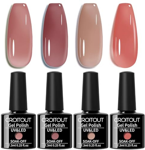 Croitout Jelly Gel Nail Polish Set - Sheer Nude Crystal Translucent UV LED Soak Off Polish for Home DIY Manicure and Nail Salon Varnish 021
