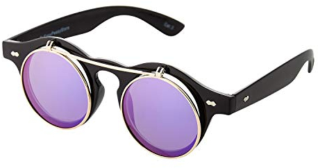 Ultra Noires avec Verres Violets Flip Up Lunette De Soleil Homme Lunette de Soleil Femme Steampunk Rondes Lunette Retro Femmes Hommes Victorien Punk Gothique UV400 Unisex Steampunk Glasses