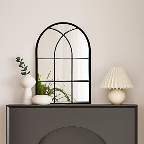 TinyTimes Espejo de pared arqueado de 20 x 28 pulgadas, espejo de ventana, espejo de tocador, marco de metal, parte superior arqueada, espejo de granja, espejo decorativo rústico, negro