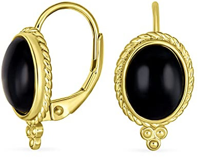 Ohrhänger im westlichen Stil mit schwarzem Onyx, Milgrain-Kabelrand, ovalem Edelstein für Frauen, Scharnierhebelrückseite, 14K gelbvergoldet, .925 Sterlingsilber