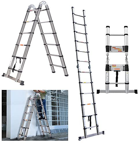 12.5FT Telescopic Ladder A-Frame Ladders Extendable Loft Ladder for Home Loft Office DIY,1.9M+1.9M Stainless Steel Folding Multi Purpose Loft Ladder with 12 Adjustable Steps,EN131