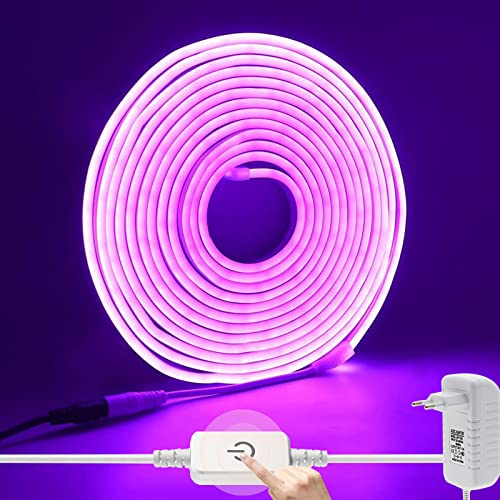 Wisada Dimmbar Neon LED Streifen 5m, 12V 2835 120LEDs/m Silikon Flexibler Neonstreifen, Lila Neon LED Lichtband mit Netzteil & Berühren Dimmer für Schlafzimmer Schrank