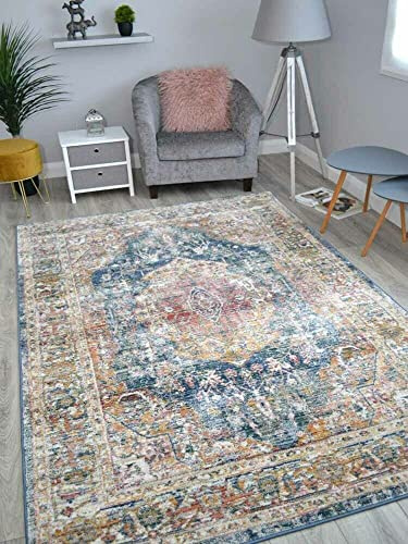 Modern Luxurious Traditional Chic Area Rugs Soft Medium Pile Oriental Boho Distressed Vintage Style Multi Colour Polypropylene Non Shedding Easy to Clean Living Dining Room Rug