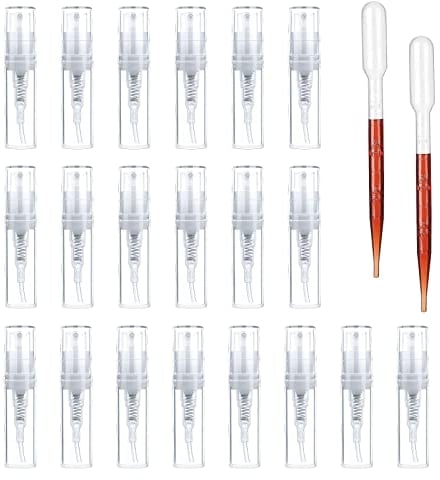 LUCKNIGHT Transparent Fine Mist Sprayer Bottles, Plastic Perfume Atomizers Refillable, Travel Cosmetic Sample Bottle Container, Hydrating Empty Bottle (2ML 20PCS)