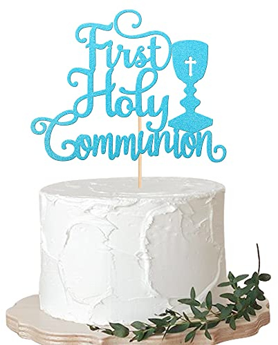 Xsstarmi 1 Pcs First Holy Communion Cake Topper Glitter Christian Baby Baptism Cake Pick God Bless First Communion Theme Baby Shower Party Cake Decorations Supplies Blue