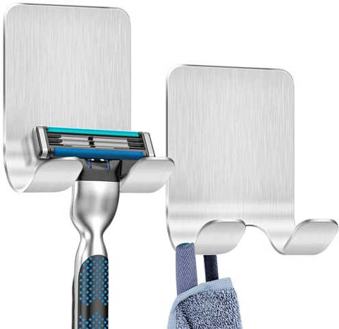 Caianwin 2 Stück Rasierer Halterung Dusche Selbstklebend Haken Rasierhalter Dusche Edelstahl Klebehaken, Bad und Küche Handtuchhalter ohne Bohren Silber
