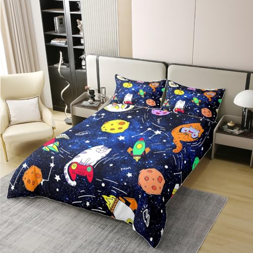 richhome 135x200 Bettbezug Cute Cats 100% Reine Baumwolle Bettwäsche Set Starry Sky Galaxy Planeten Bettwäsche Set Rocket Gamepad Flash Gamer Komfortbezug