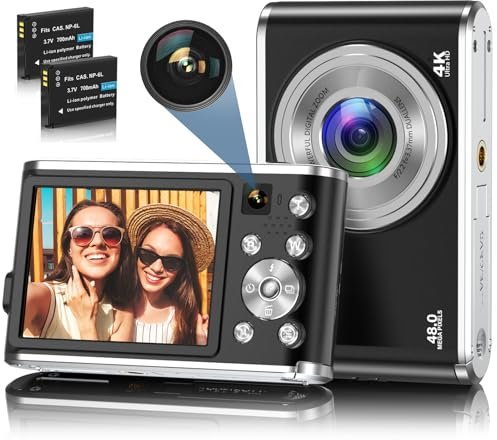 Digitalkamera, Autofokus 4K Fotoapparat Digitalkamera mit Front- und Rückkamera, HD 48MP mit 2,8 großem Bildschirm, 16X Digitalzoom, Kompaktkamera für Einsteiger (Schwarz)
