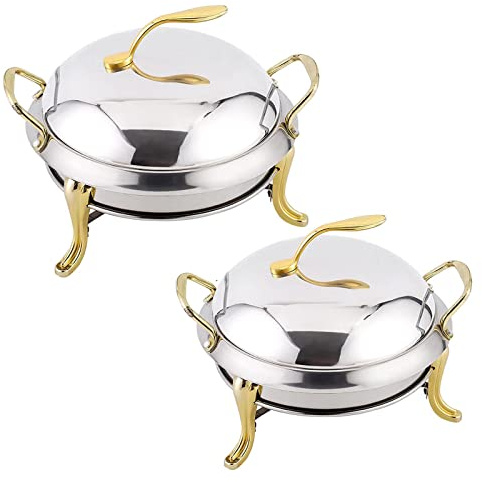 RSBFER Chafing Dish Set of 2 Pcs Stainless Steel Round Buffet Servers Warmers with Food Pan, Fuel Holder and Lid for Restaurant Parties Weddings,Gold,18cm