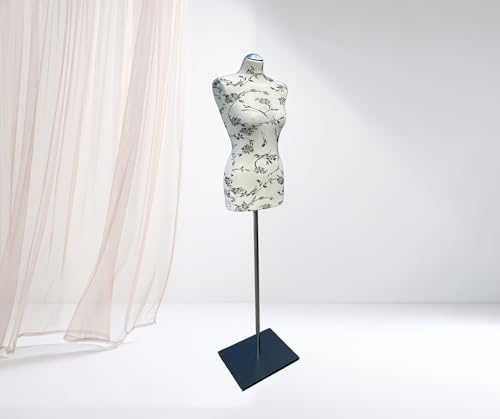 LUSORIA Schneiderpuppe, Schneiderbüste weiblich Ecru - Schwarze Blumen/schwarzer Standfuß (XS 34/36)