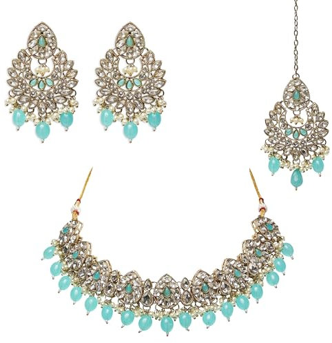 Veritas Commerce Group Beautiful Handcrafted Kundan Jewellery Set in Aqua Blue, Gold and Silver - Inspired by Indian and Pakistani design