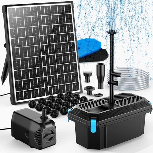 POPOSOAP Filtro solar para estanque con bomba de fuente, 20 W, funciona con energía solar, PVC negro y acero inoxidable, estilo moderno, 320 GPH, 7.5 pies, 12 V CC, bomba de estanque