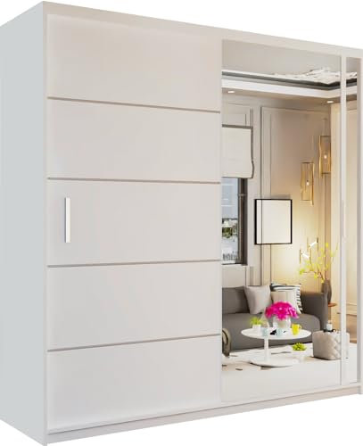 MN Furniture Victoria Modern Sliding Wardrobe One Mirror Door with Hanging Rails, Shelves Storage Bedroom Cabinet (White, 203cm)
