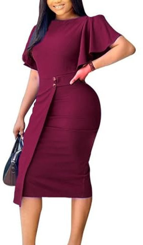 Generisch Damenmode Kurzarm Arbeit Bogen Club Rüschen Bleistift Formelle Cocktailkleid Vintage Sexy Wrap Rundhals Abend Party (Rotwein,L)
