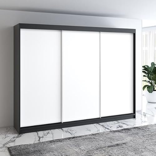 A&J MöbelLand Moderne 3-türiger Kleiderschrank mit Schwebetüren und 4 Schubladen, 200 cm, Weiß (Schwarz/weiß)