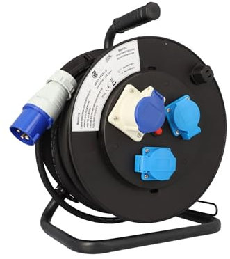 cartrend Explorer CEE Kabeltrommel mit CEE-Stecker, 2 Schutzkontaktsteckdosen & CEE-Steckdose mit Klappdeckel, Verlängerungsleitung für Nutzung beim Camping und Outdoorbereich, IP44, 25m, schwarz