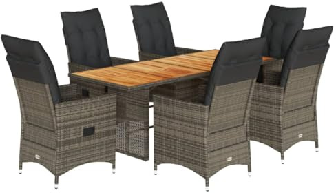 vidaXL 7-TLG. Garten-Essgruppe mit Kissen Grau Poly Rattan