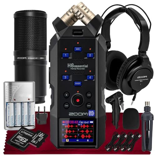 Zoom H6essential Tragbarer Studio-Recorder, H6E 32-Bit Float, 6-Spur-Recorder, 4XLR/TRS - 64 GB SD, Stativ, Podcast-Mikrofon-Pack, wiederaufladbare Batterien und mehr für Musiker, Podcaster,