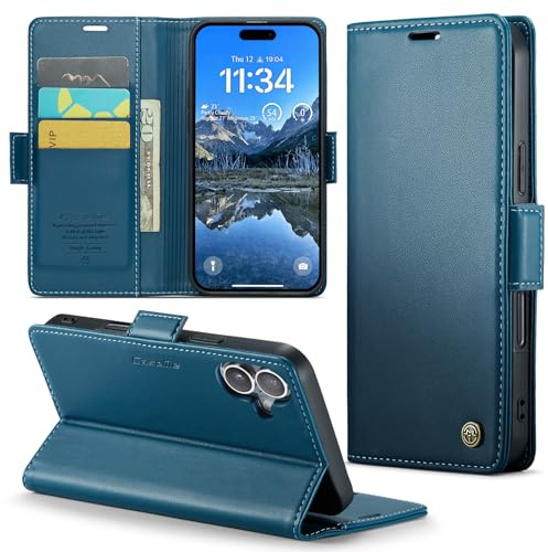 Phernykas Wallet Case for iPhone 16 Plus, Magnetic Flip | 3 Card Slots, Faux Leather RFID Blocking Card Holder Flip Wallet with Kickstand, Side Magnetic Clasp, Premium Cover,Blue