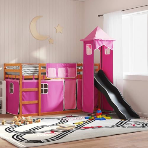 vidaXL - Kids Bunk Bed with Slide and Curtains Pink Twin Sleeper 80x200 cm Solid Pine Wood - Bedroom Furniture