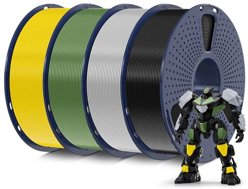 SUNLU PLA Filament Mehrfarbiges Set, 3D Drucker Filament PLA 1.75mm +/- 0,02mm, Einfach zu Verwenden, Passend Für Sie Meisten FDM 3D Drucker, 1KG Spool, 4 Pcs. (Schwarz + Olivgrün + Silbrig + Gelb)